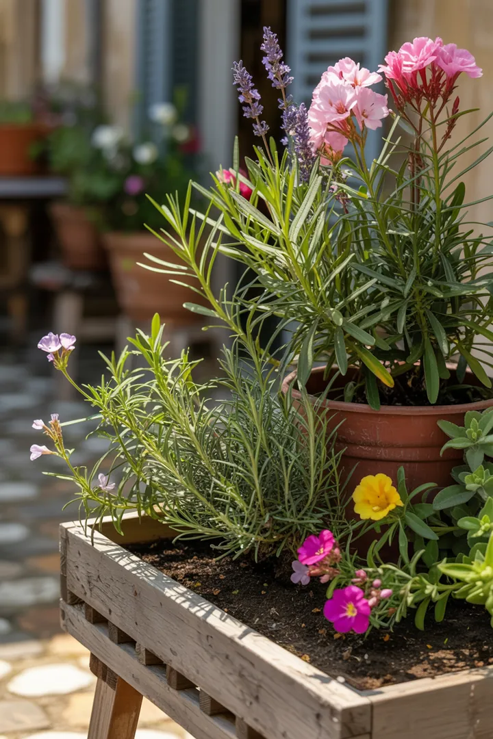Bunte Auswahl an mediterranen Pflanzen in einem stilvollen Pflanzkübel, darunter blühender Lavendel, duftender Rosmarin und lebhaftes Portulakröschen.