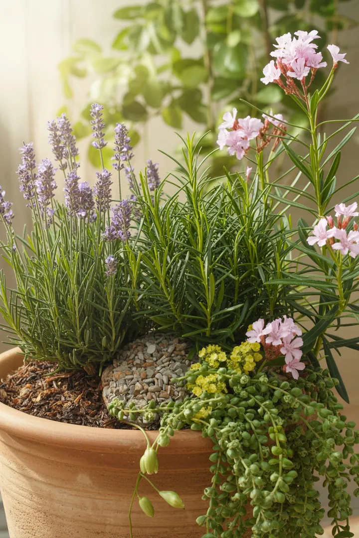 Ein bunter Pflanzkübel mit duftenden Kräutern und blühenden Pflanzen, darunter Lavendel, Oleander, Rosmarin, Salbei, Portulakröschen und Zitronenverbene.