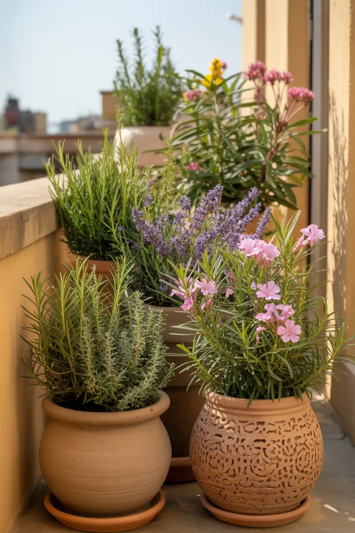 Bunt blühende Kübelpflanzen mit aromatischen Kräutern und duftenden Blüten, darunter Lavendel, Oleander und Rosmarin, ideal für den Garten.