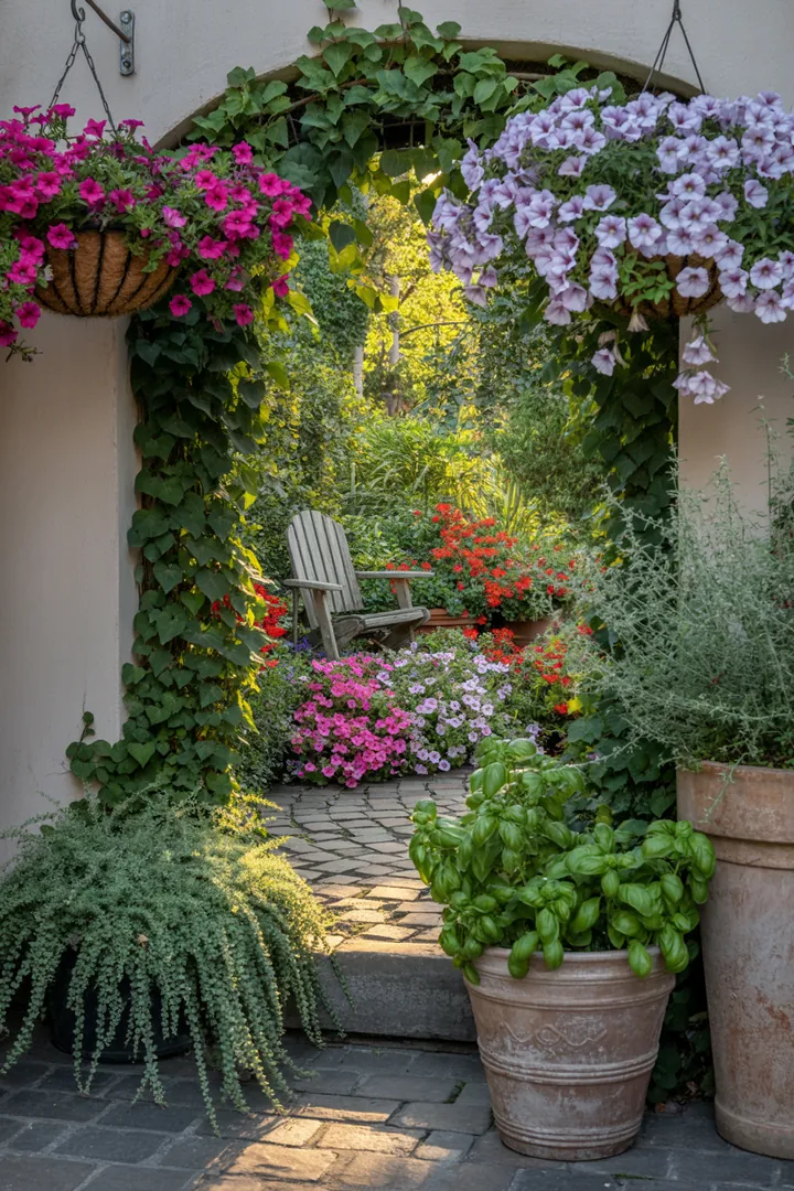 Bunte Pflanzentöpfe und Blumenkästen mit üppig blühenden Hängepflanzen, aromatischen Kräutern und dekorativen Gräsern, die harmonisch zusammenwirken.