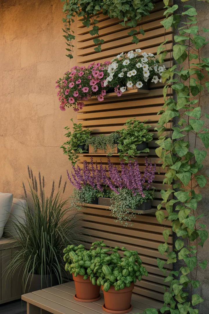 Bunte Pflanzenarrangement mit Hängepetunien, Efeu, Ziersalbei und Basilikum in dekorativen Pflanzentöpfen und Blumenkästen, umgeben von eleganten Ziergräsern.