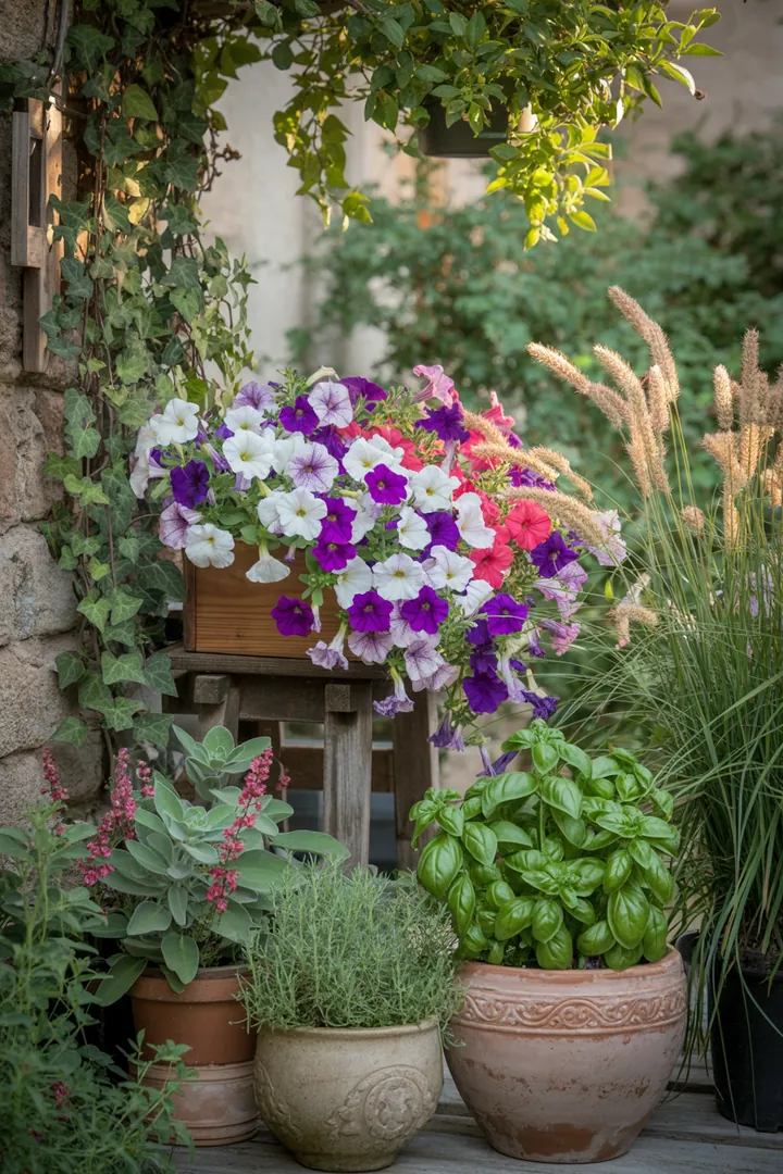 Bunte Pflanzenarrangements in Töpfen und Kästen mit hängenden Blüten, aromatischen Kräutern und dekorativen Gräsern im Garten.