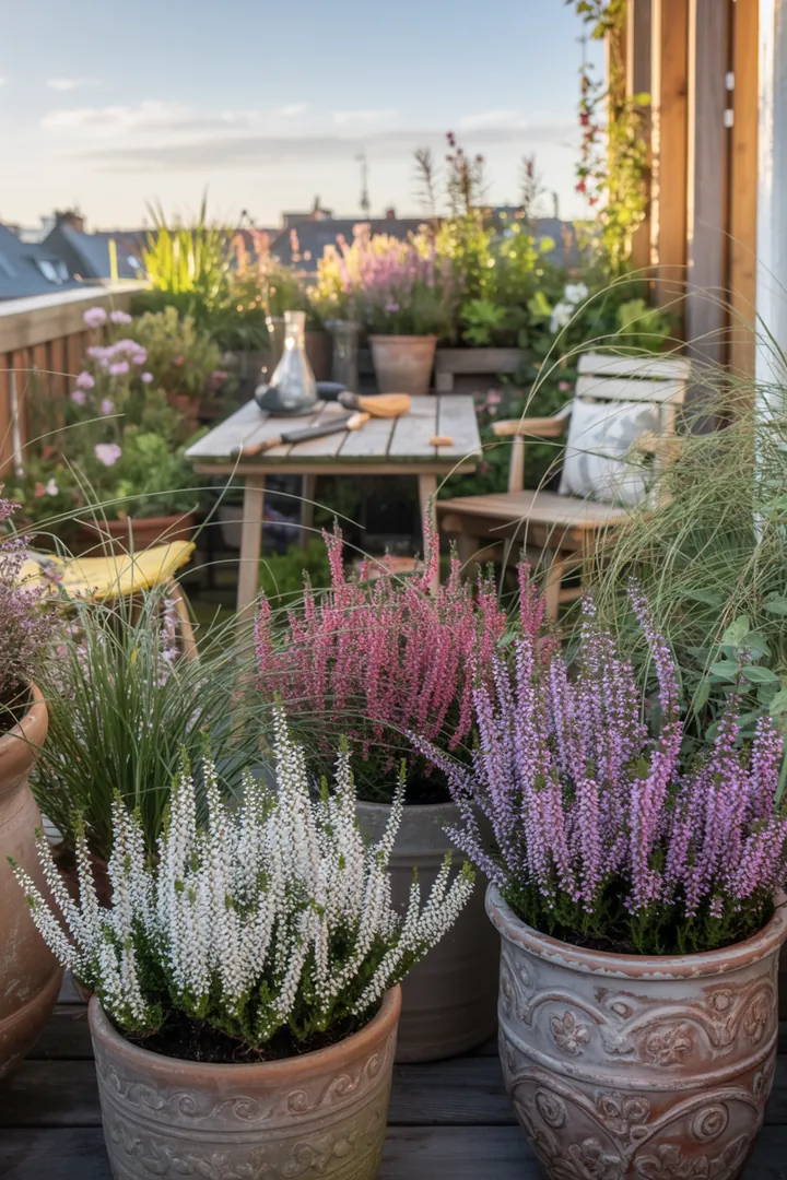 Vielfältige Pflanzenarrangements mit leuchtenden Blüten und immergrünen Blättern, die das ganze Jahr über Farbe und Duft in den Garten bringen.