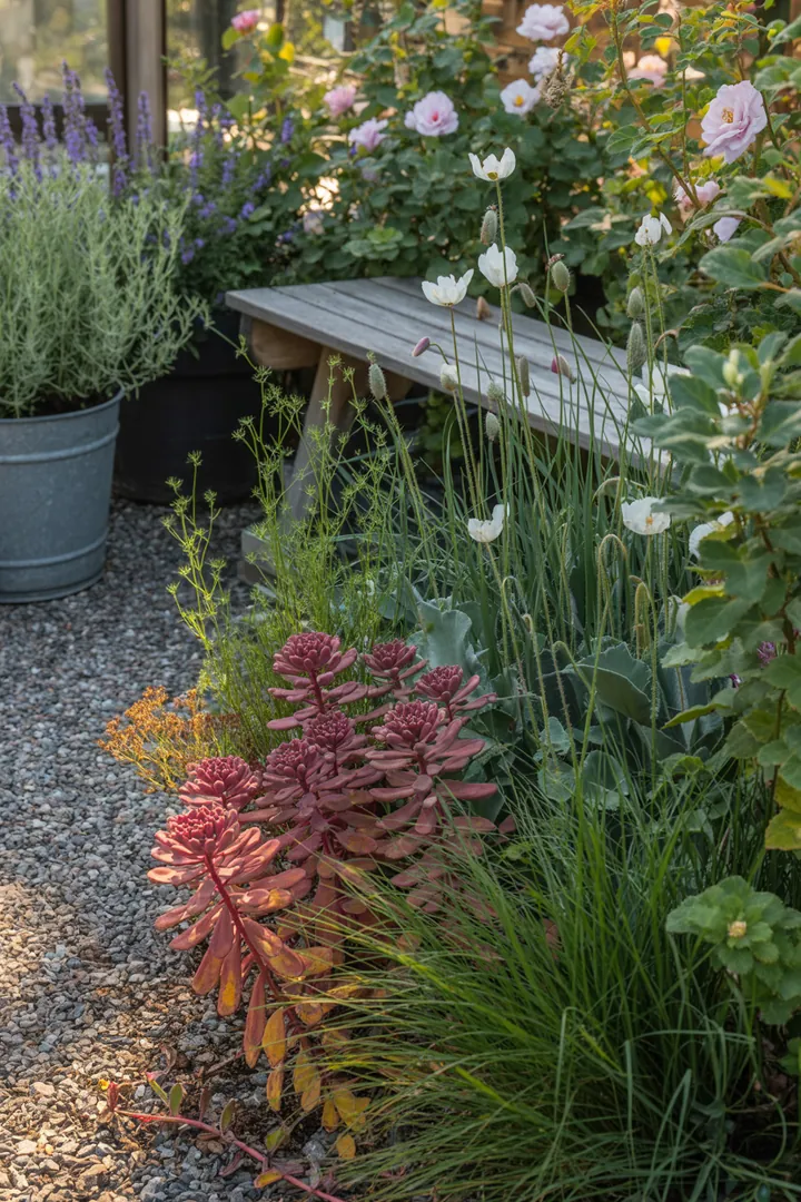 Bunt blühende Pflanzen mit wintergrünen Blättern und leuchtenden Früchten schaffen einen farbenfrohen Garten. Die Vielfalt reicht von robusten Bodendeckern bis zu strukturgebenden Gräsern.