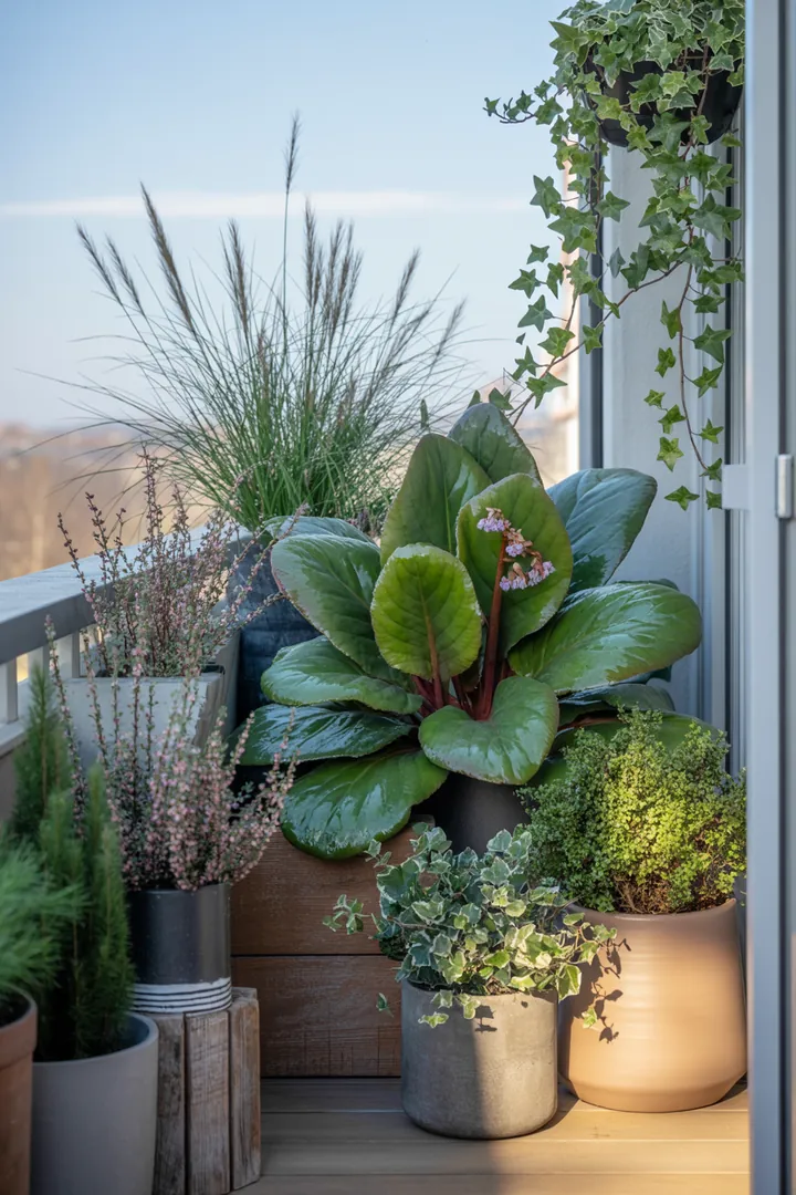 Bunt blühende Pflanzen und immergrüne Gewächse bilden ein harmonisches Gartenbild mit winterfesten und robusten Sorten, die Farbe und Struktur verleihen.