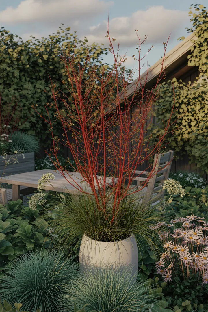 Vielfältige Pflanzenarrangements mit kräftigen Farben und wintergrünen Sorten schaffen eine lebendige, ganzjährige Gartenatmosphäre.