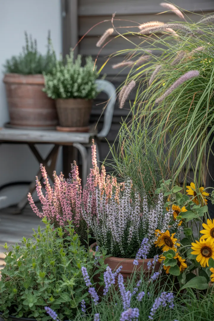 Bunt blühende Pflanzenarrangements mit wintergrünen Gewächsen und fruchttragenden Bodendeckern, die lebendige Farben und Struktur ins Gartenbild bringen.