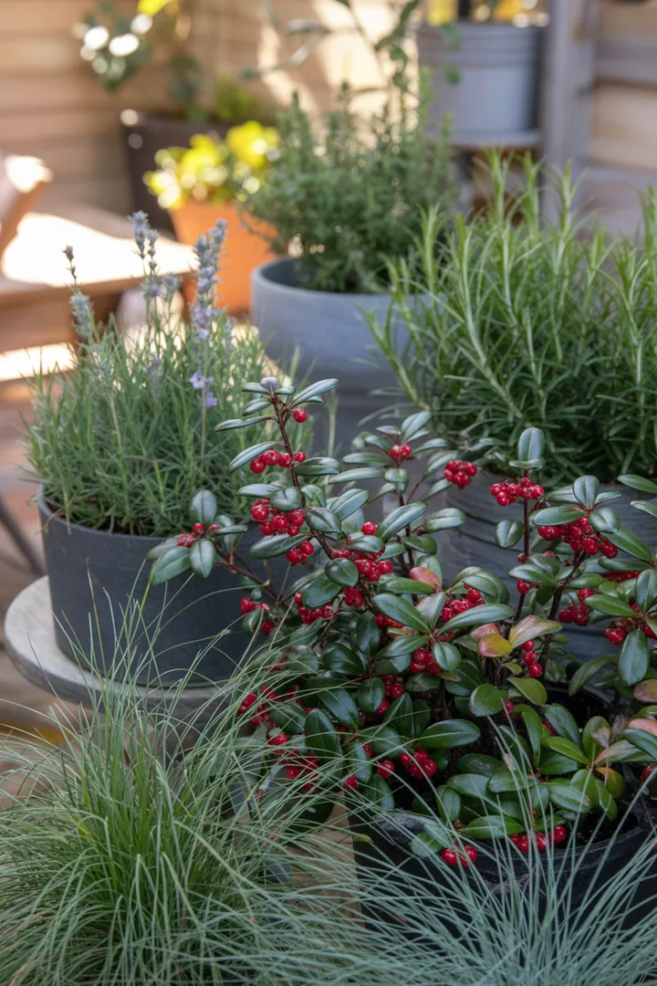 Buntes Pflanzenarrangement mit wintergrünen Gewächsen, blühenden Sträuchern und robusten Bodendeckern, die Farbe und Struktur in den Garten bringen.