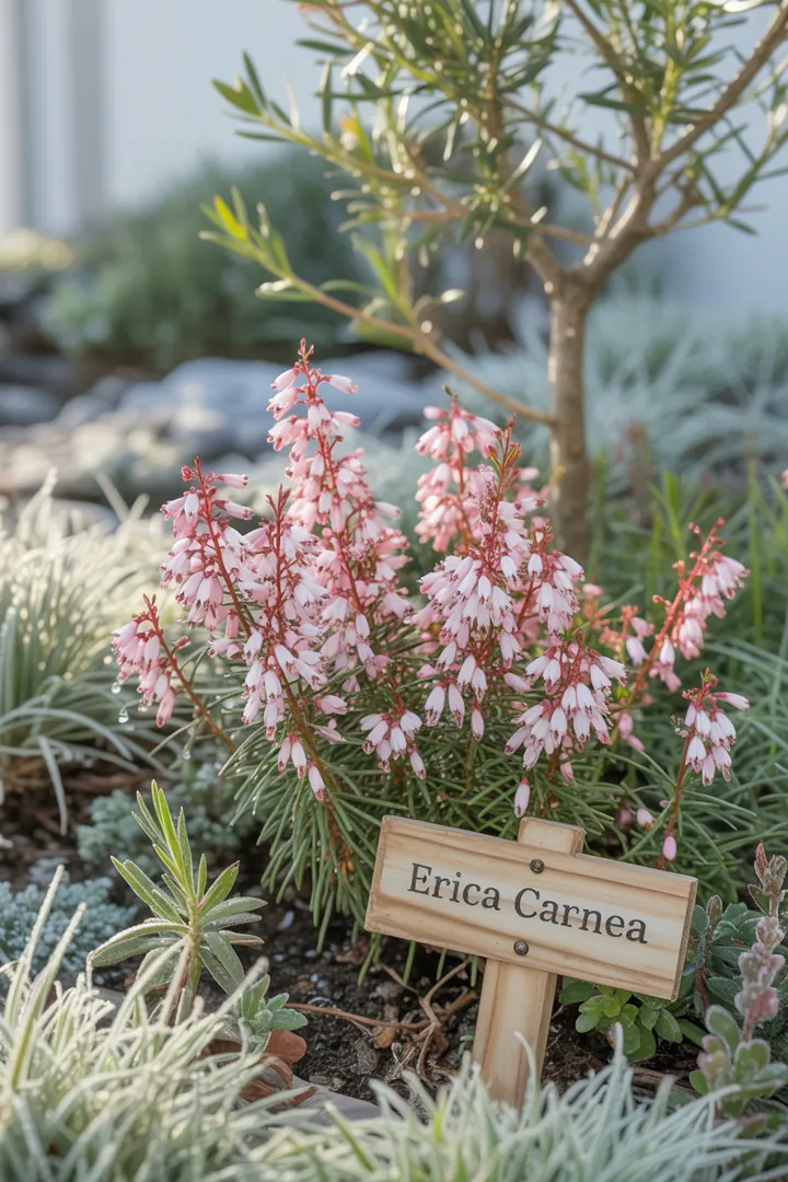 Ein farbenfrohes Arrangement von wintergrünen Pflanzen und blühenden Sträuchern, das lebendige Akzente in einem Garten setzt. Die Auswahl umfasst robuste, pflegeleichte Arten mit tiefgrünem Laub, die ganzjährig für Struktur und visuelles Interesse sorgen.