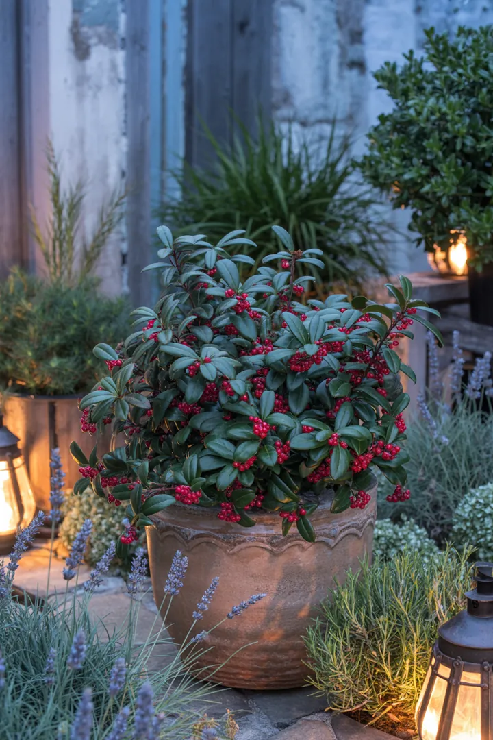 Buntes Arrangement aus winterharten Pflanzen mit leuchtenden Blüten und immergrünen Blättern, das Farbe und Struktur in den Garten bringt. Ideal für saisonale Akzente.