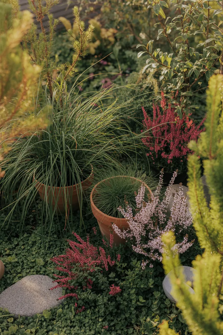 Buntes Arrangement verschiedener Pflanzen mit intensiven Farben und wintergrünen Blättern, inklusive blühender Sträucher und robusten Bodendeckern, die ein harmonisches Gartenbild schaffen.