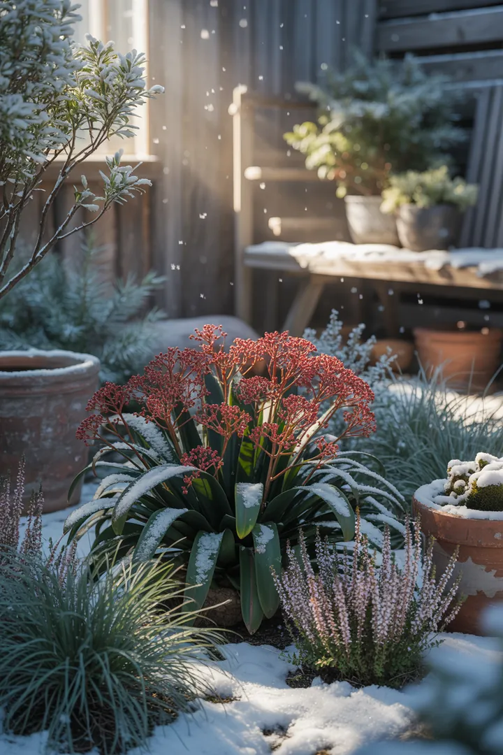 Buntes Pflanzenarrangement mit winterharten Sorten, darunter eine Mischung aus blühenden, immergrünen und robusten Arten, die farbenfrohe Akzente setzen und ganzjährig für Interesse sorgen.