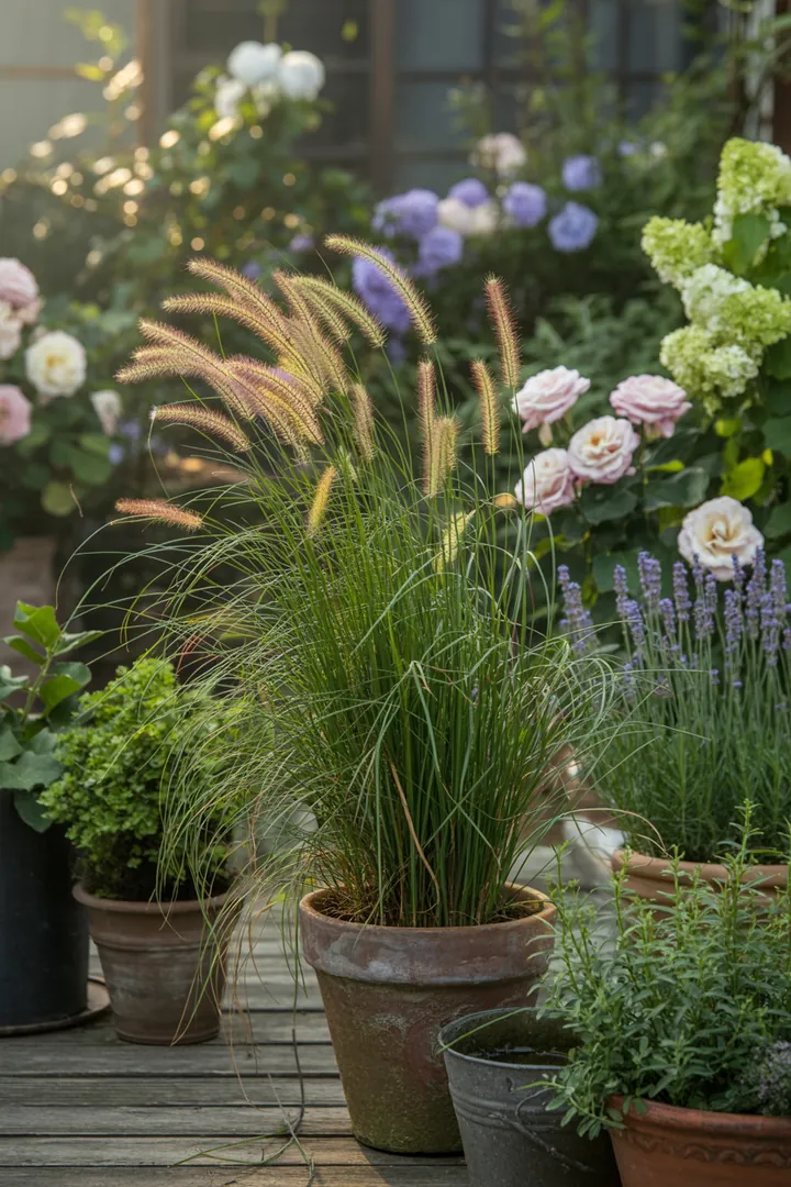 Buntes Herbstarrangement mit verschiedenen Pflanzen, darunter wintergrüne und blühende Arten, die rote Früchte und intensives Laub präsentieren.
