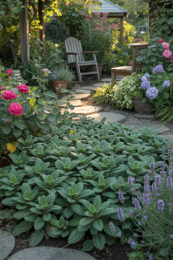 Farbenfrohe Pflanzenarrangement mit winterharten Arten, darunter blühende Sträucher, immergrüne Bodendecker und robuste Herbstblüher, die harmonisch in einem Garten vereint sind.