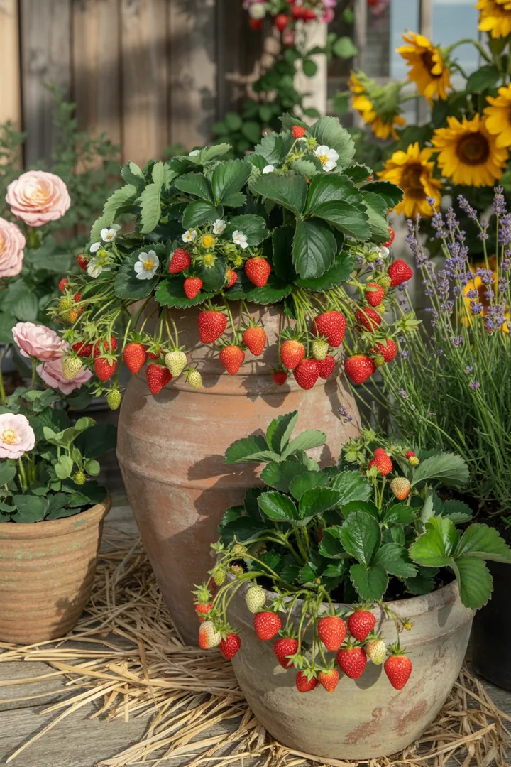 Bunte Früchte in einem hängenden Topf, ideal für den Garten, mit speziellen Erden für optimale Wachstumsbedingungen und einer dekorativen Unterlage.