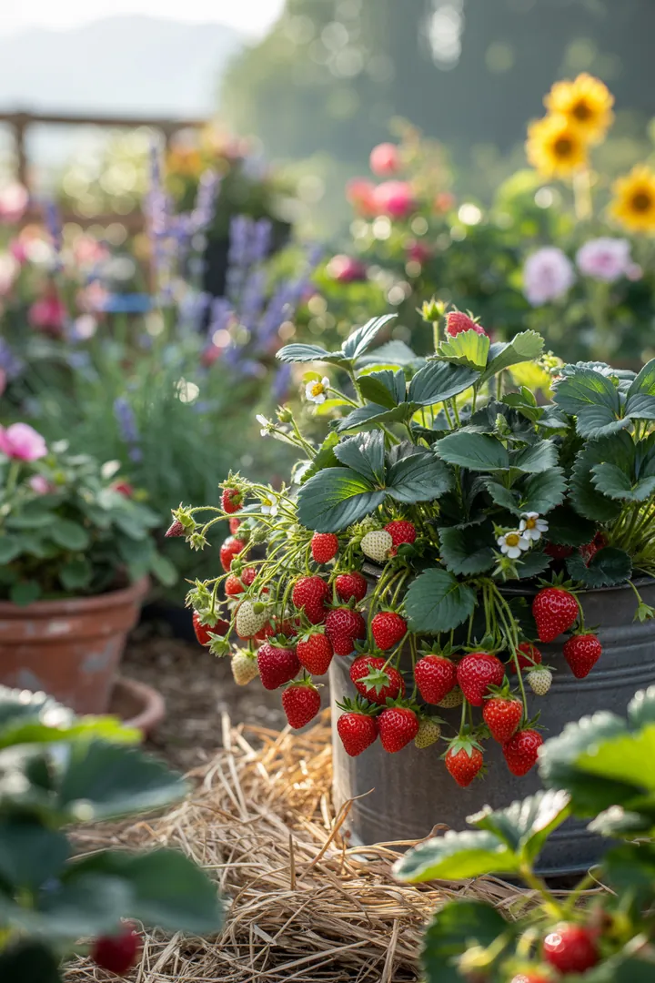 Ein blühendes Erdbeerarrangement in einem hängenden Topf, gefüllt mit fruchtbaren Beeren und umgeben von einer schützenden Strohmatte, ideal für den Garten.