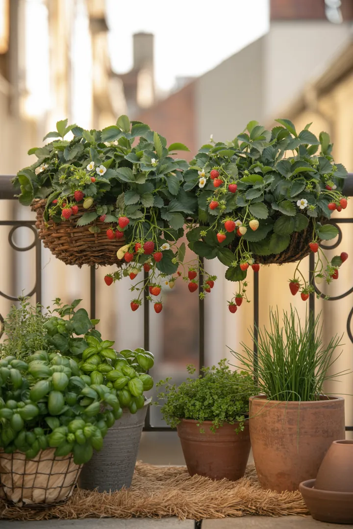Leuchtende, reife Früchte in einem hängenden Topf auf einer dekorativen Matte, ideal für den Garten, um frische Beeren zu genießen.