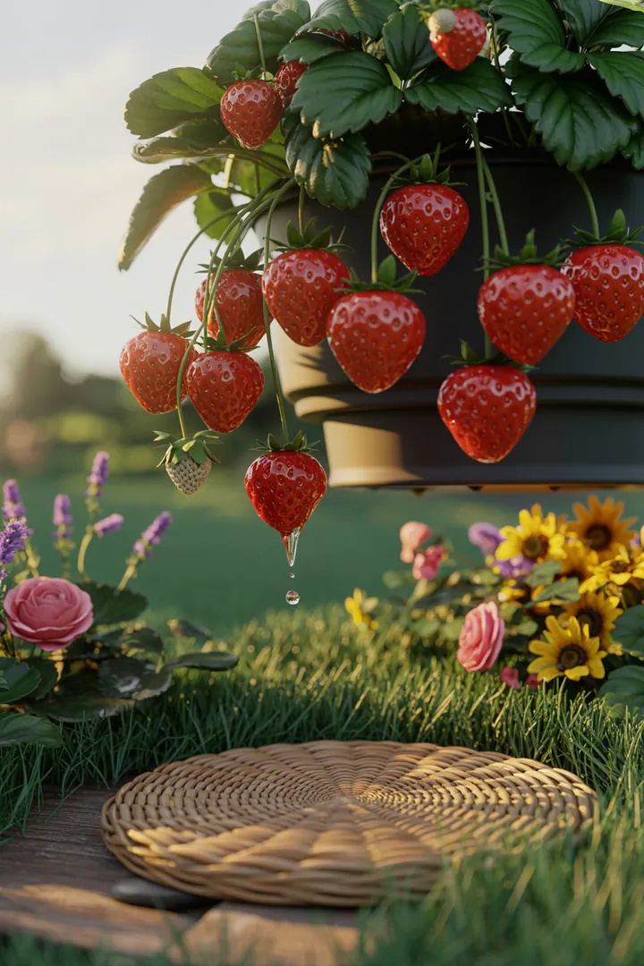 Bunte Beerenpflanzen in einem dekorativen Topf, ideal für den Garten oder Balkon, zeigen üppige Früchte und frisches Grün, unterstützt durch spezielle Erde und natürliche Unterlagen.