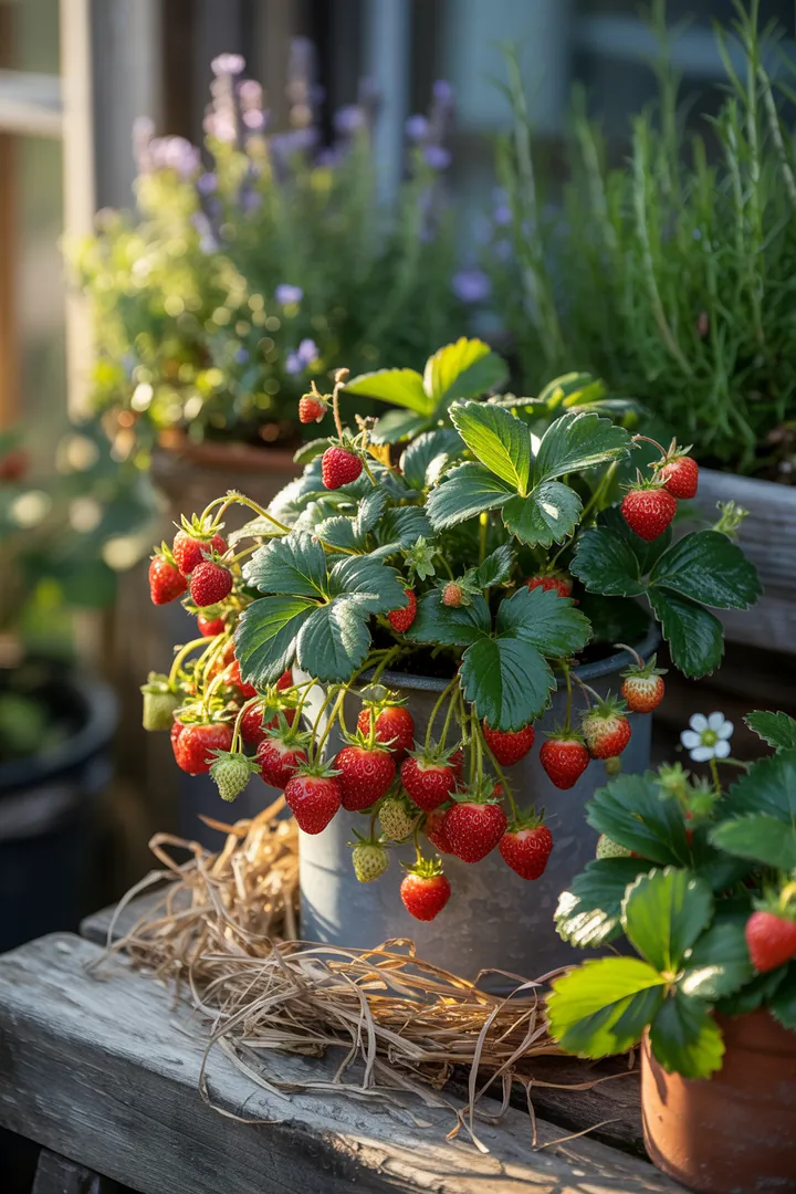 "Farbenfrohe Gartenszene mit reifen Früchten in hängenden Töpfen, kombiniert mit einer stilvollen Strohmatte für optimale Pflege."