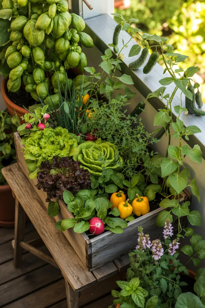 Bunte Auswahl an frischen Gemüsesorten wie knackige Snackpaprika, zarte Radieschen und saftige Balkongurken in einem Pflanzkübel, umgeben von Buschbohnen und Pflücksalat.