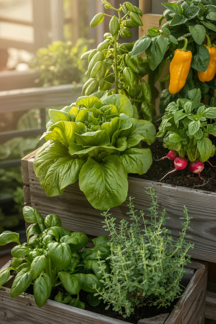 Bunte Auswahl an frischen Gemüsepflanzen in einem Pflanzkübel: knackiger Pflücksalat, leuchtende Snackpaprika, zarte Radieschen, Buschbohnen und Balkongurken.
