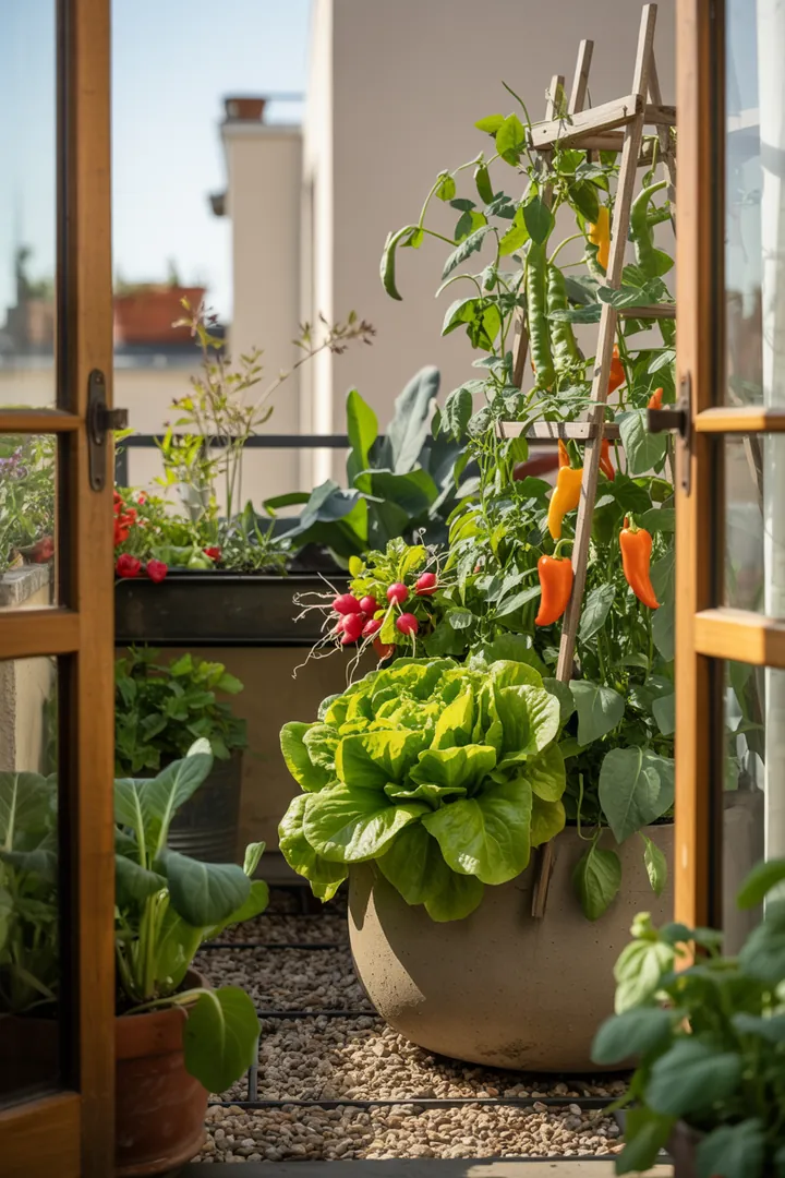 Frisches, buntes Gemüse in einem Pflanzkübel: knackiger Pflücksalat, leuchtende Snackpaprika, zarte Radieschen, knackige Buschbohnen und saftige Balkongurken.