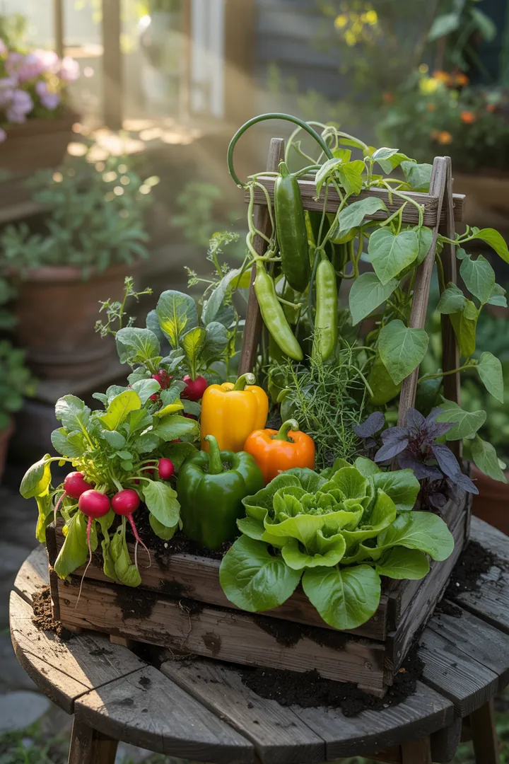Bunte Auswahl an frischen, knackigen Gemüsesorten in einem bepflanzten Kübel, ideal für Balkonpflanzungen und gesunde Snacks.