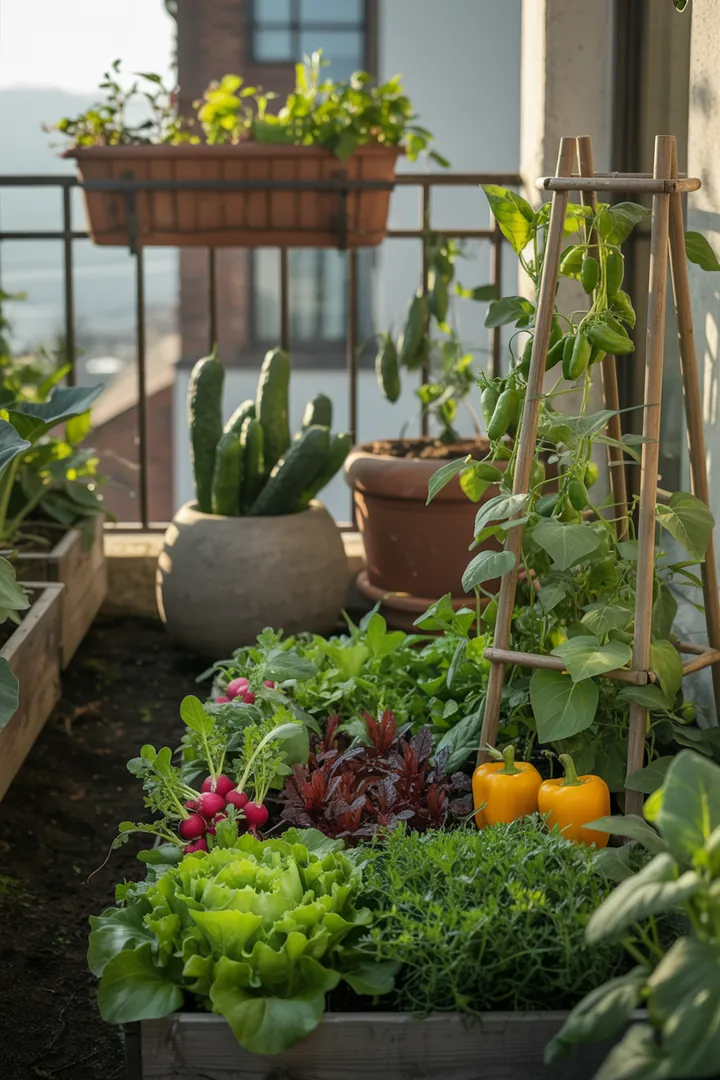 "Frische, bunte Auswahl an Gartenpflanzen in einem Pflanzkübel: knackige Salate, leuchtende Paprika, Radieschen und Bohnen, ideal für Balkon-Gemüseanbau."
