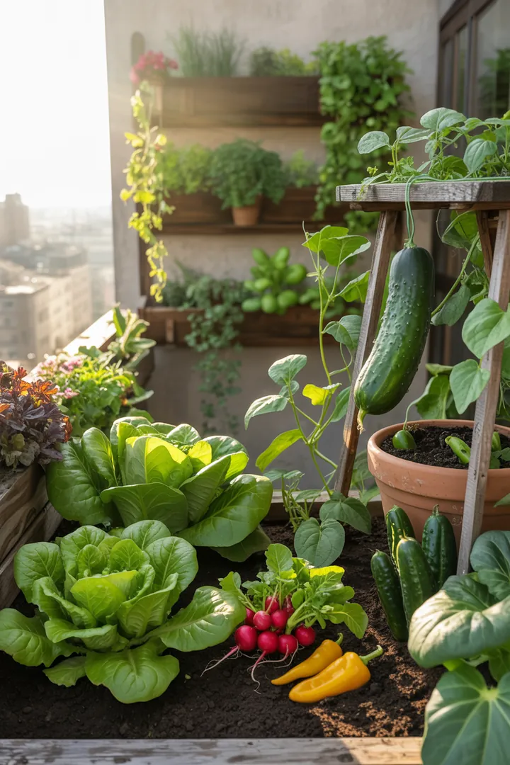 Bunte Mischung aus frischen, knackigen Gemüsesorten in einem Pflanzkübel, ideal für den Anbau auf dem Balkon.