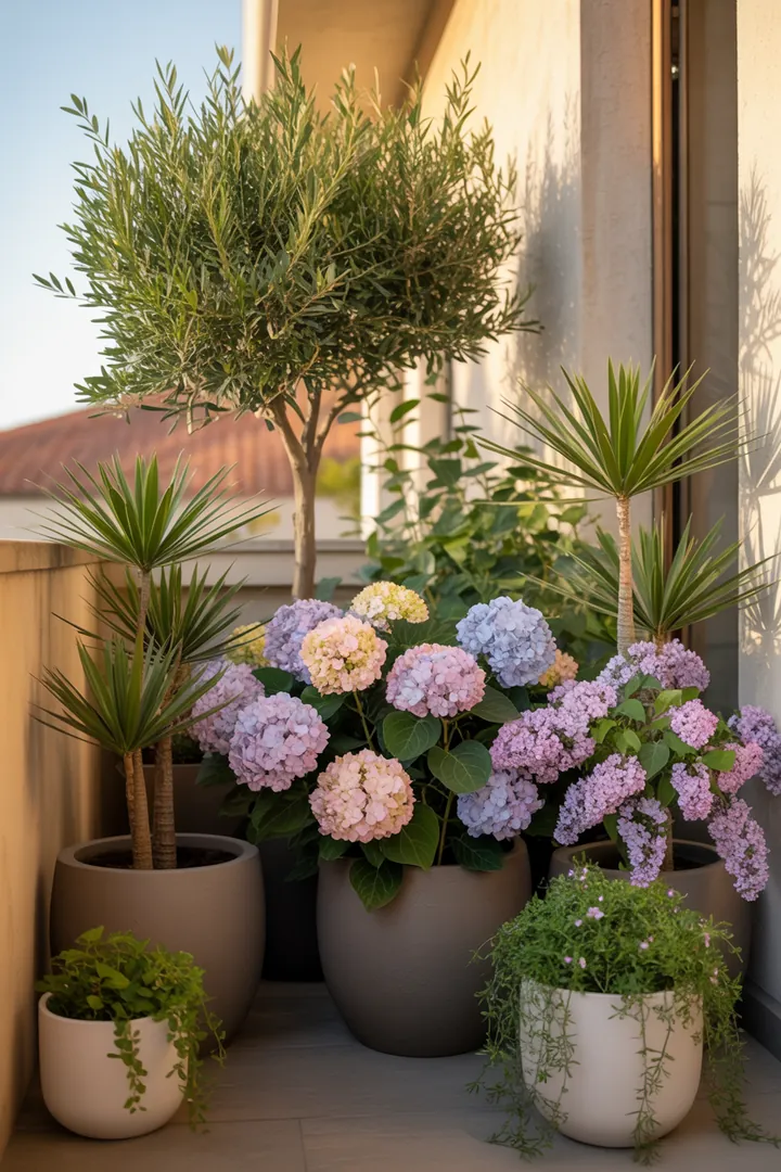 "Grüne Pflanzenarrangements mit Fargesia, Hortensien, Zwergflieder und einem Olivenbaum in dekorativen Kübeln, umgeben von einer Fächerpalme."