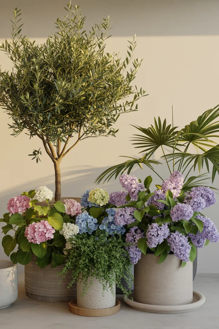 Ein üppiger Garten mit großen Pflanzkübeln, die Fargesia, Hortensien, Zwergflieder, Olivenbäume und Fächerpalmen beherbergen, schafft eine harmonische Atmosphäre.