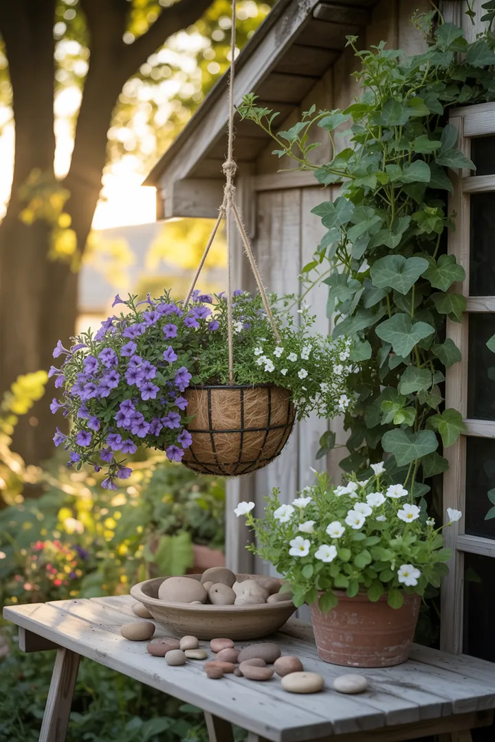 Farbenfrohe Pflanzenauswahl in einem Ampeltopf, darunter hängende Blüten von Hängepetunien und Bacopa, ergänzt durch grüne Dichondra, Efeu und fruchttragende Hängeerdbeeren, umgeben von Blähton.