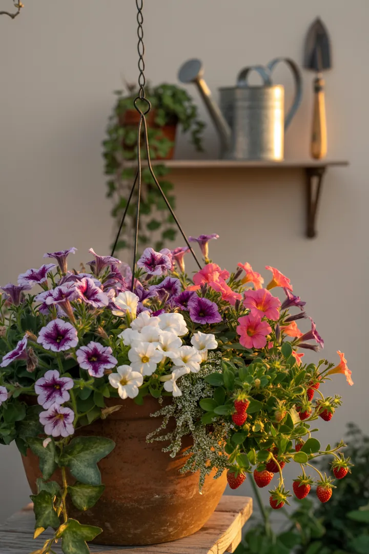Bunte Kombination aus blühenden Pflanzen und grünen Ranken in einem Ampeltopf, ideal für hängende Gartenarrangements.