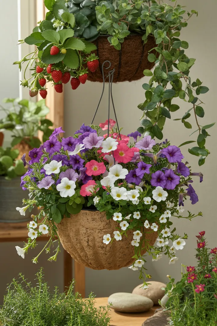 Bunte Ampelpflanzen in einem Topf, darunter Hängepetunien, Bacopa und Efeu, umgeben von Blähton und Hängeerdbeeren.