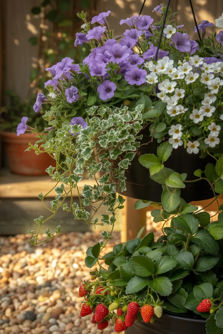 Bunte Blumenarrangement in einem Ampeltopf mit Hängepetunien, Bacopa, Dichondra, Efeu und Hängeerdbeeren, umgeben von Blähton.