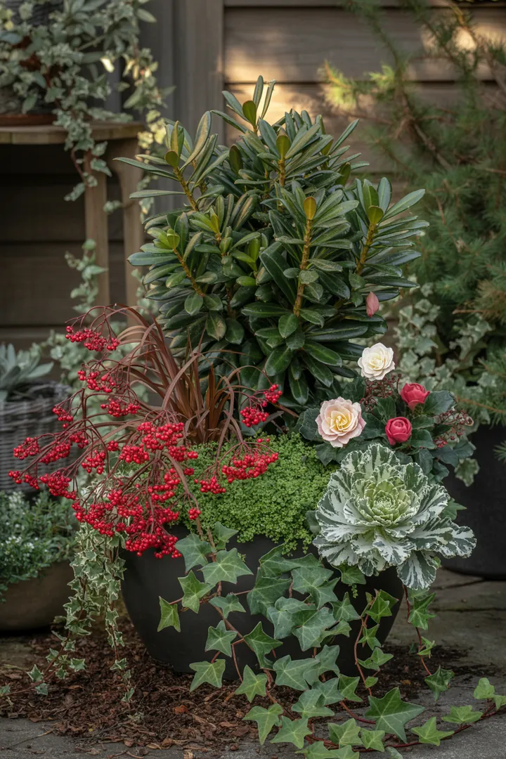 Bunter Pflanzkübel mit winterlichen Pflanzenarrangements, darunter Heide, Skimmie und Scheinbeere, ergänzt durch Christrose und dekorativen Zierkohl in hochwertiger Wintertopf-Erde.