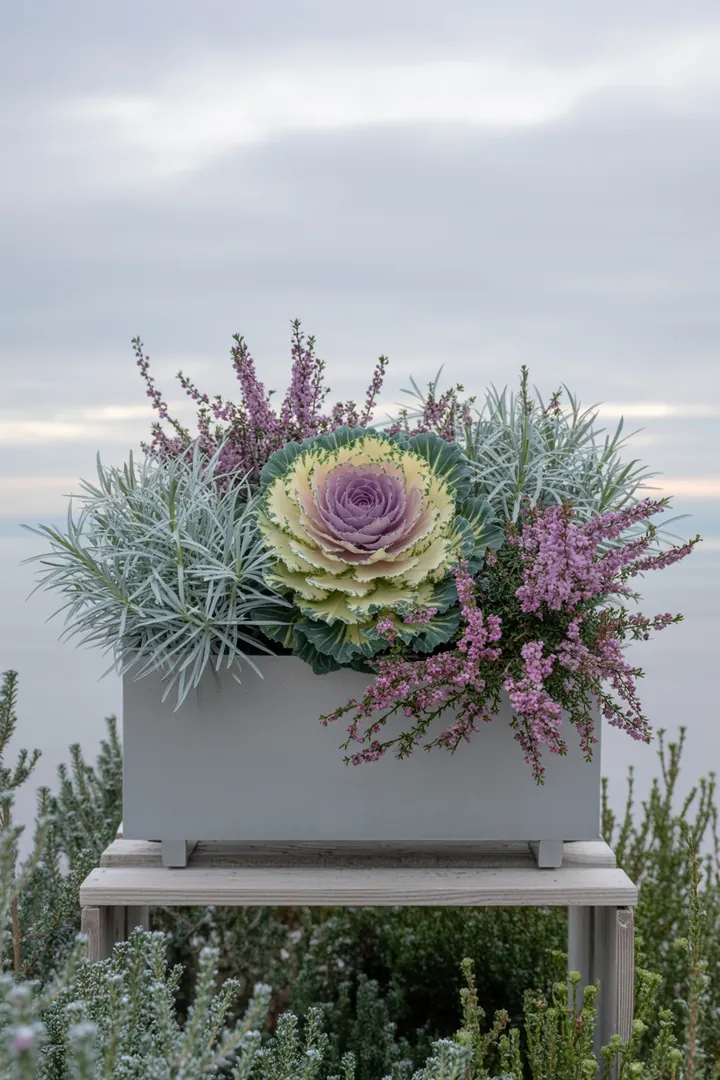 Bunt gestalteter Pflanzkübel mit winterfesten Pflanzen wie Heide, Skimmie und Christrose, ergänzt durch Zierkohl und Gaultheria, ideal für frostige Tage.