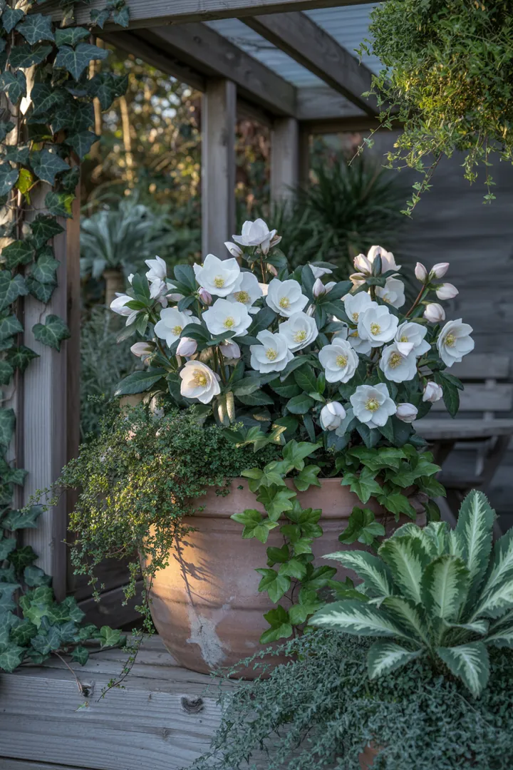 Bunte Winterpflanzung in einem großen Kübel, kombiniert mit Heide, Skimmie, Scheinbeere, Helleborus und Zierkohl, ideal für frostige Tage.