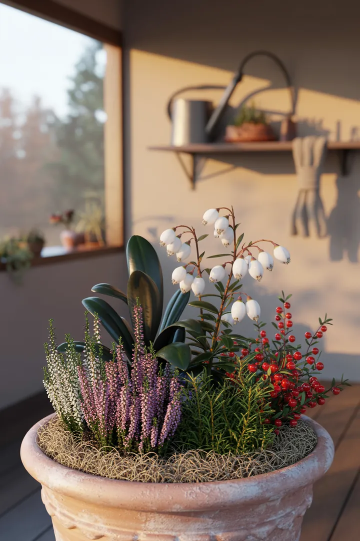 Ein dekorativer Pflanzkübel gefüllt mit winterfesten Pflanzen, darunter Heide, Skimmie und Christrose, ergänzt durch Zierkohl und Gaultheria, ideal für die kalte Jahreszeit.