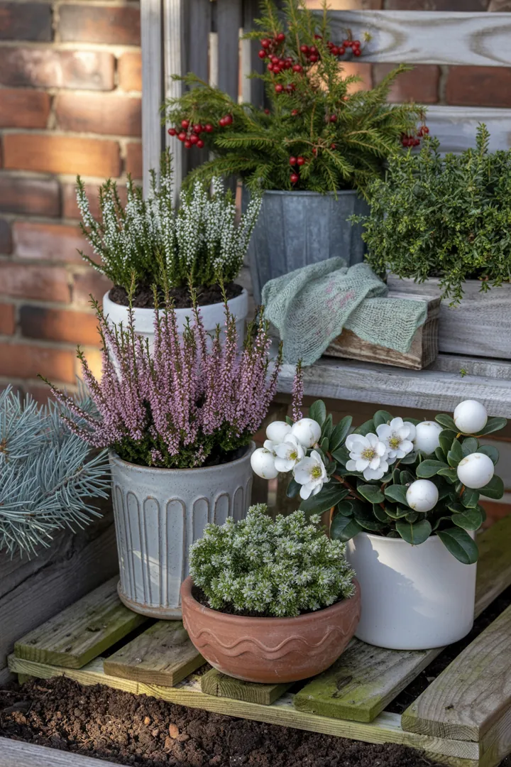 Bunter Pflanzkübel mit winterfesten Pflanzen wie Heide, Skimmie und Christrose, ergänzt durch Zierkohl und Erde für optimale Wachstumsbedingungen.