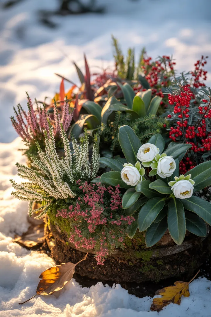 Bunt bepflanzter Wintertopf mit Heide, Skimmie, Scheinbeere, Christrose und Zierkohl in einem stilvollen Pflanzkübel.