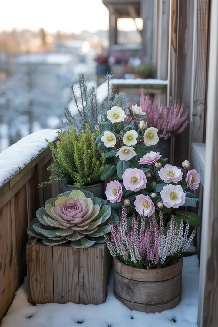 Bunt gestalteter Pflanzkübel mit winterlichen Pflanzen wie Heide, Skimmie und Scheinbeere, umrahmt von Zierkohl und Christrose, ideal für die kalte Jahreszeit.