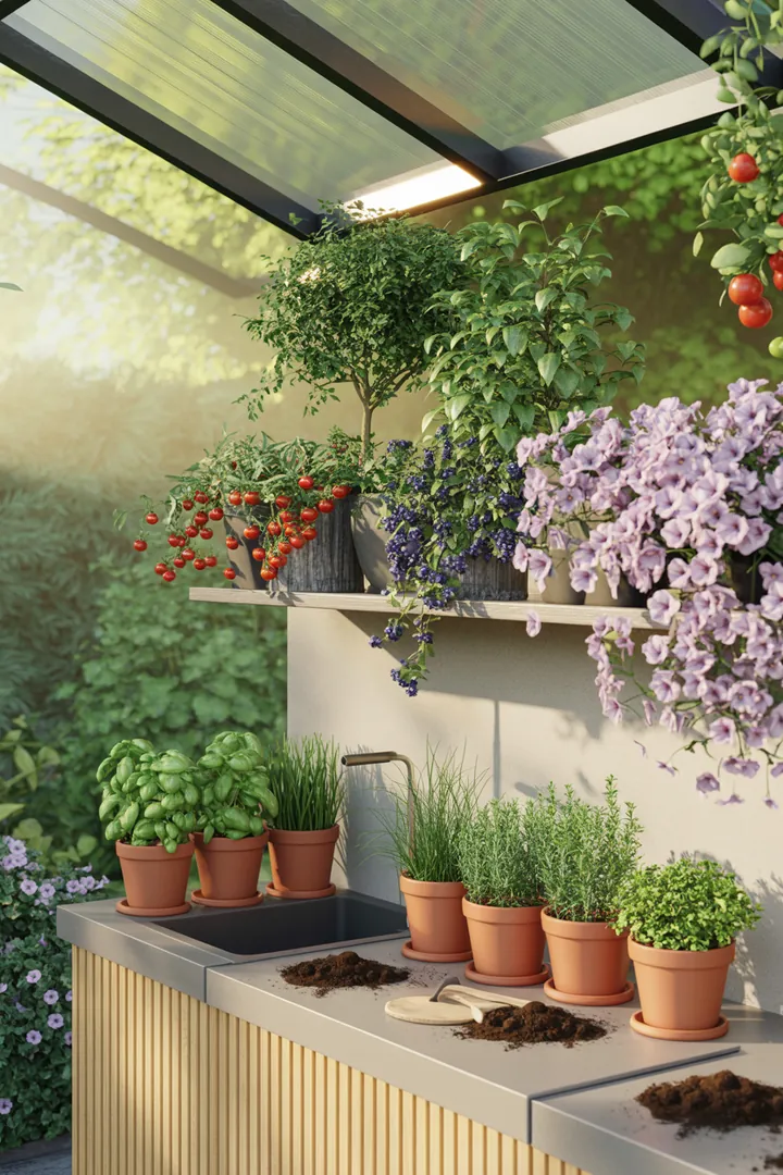 Bunt bepflanzter Blumenkasten mit verschiedenen Pflanzen, darunter aromatische Gewächse, kompakte Obstbäume und lebhafte Hängeblumen in einem Ampeltopf.
