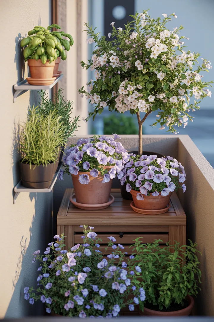 Bunte Gartenlandschaft mit verschiedenen Pflanzen, darunter aromatische Gewächse, kompakte Obstsorten, leuchtende Beeren und üppige Blüten in dekorativen Behältern.