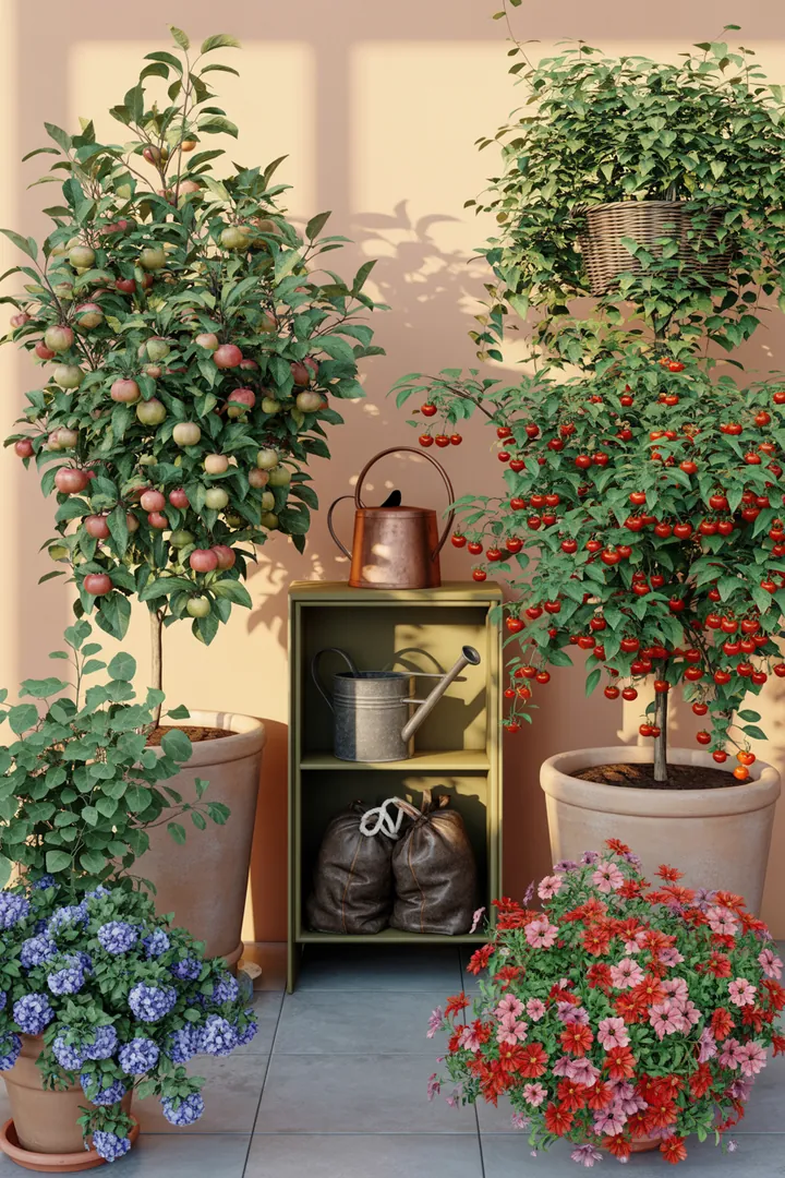 Bunte Pflanzenauswahl in einem Blumenkasten: aromatische Kräuter, leuchtende Heidelbeeren, kompakte Säulenobstbäume, Zwergtomaten und hängende Petunien in einem Ampeltopf.