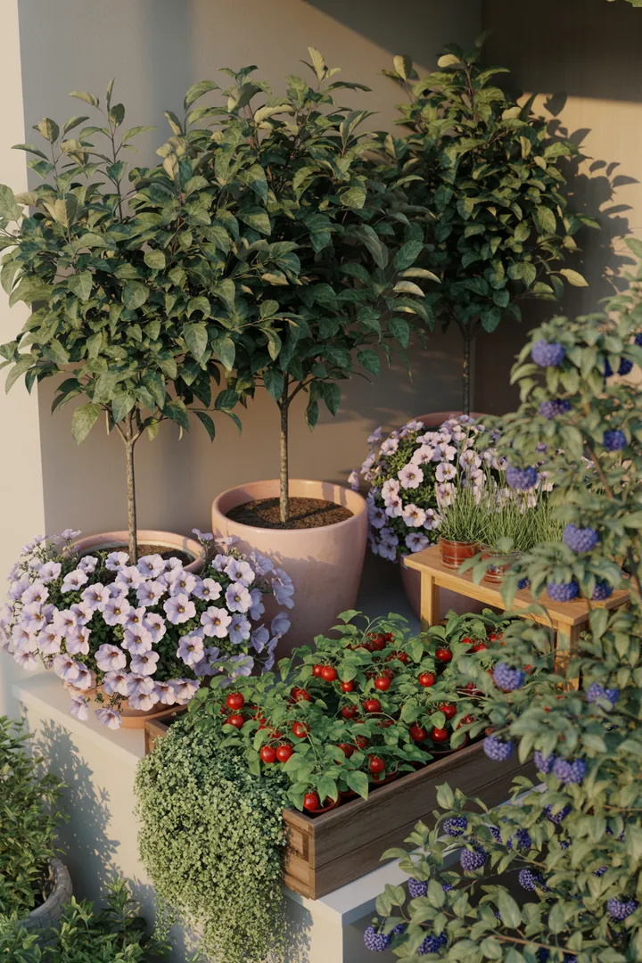 Bunte Pflanzenauswahl mit bunten Blüten und Früchten, darunter kompakte Obstsorten, aromatische Gewächse und dekorative Hängepflanzen in verschiedenen Behältern.