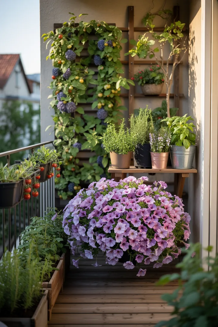 Bunte Pflanzenauswahl in einem Ampeltopf, darunter aromatische Gewächse, Obstbäume in Säulenform und blühende Hängepetunien in einem Blumenkasten.