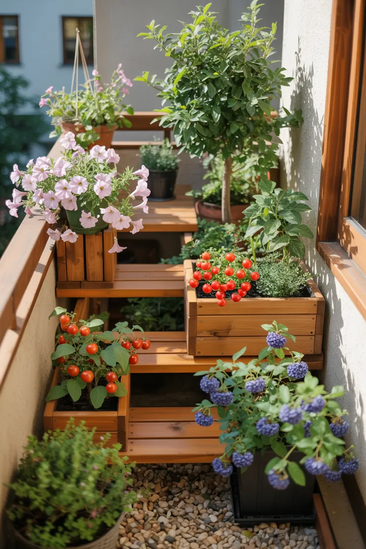 Bunte Gartenlandschaft mit Kräutern, Säulenobst und blühenden Pflanzen in Ampeltöpfen und Blumenkästen, ideal für den Balkon.