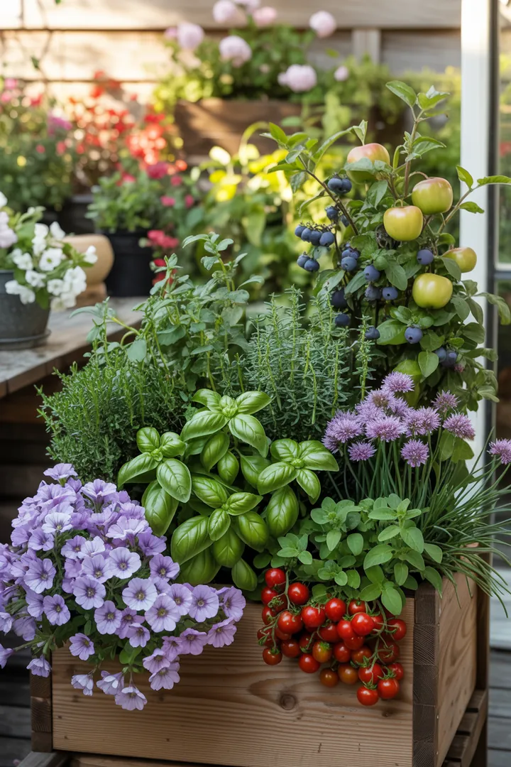Bunte Auswahl an Pflanzen in einem Ampeltopf: Kräuter, Zwergtomaten und Heidelbeeren harmonieren mit einer Hängepetunie im Blumenkasten. Ideal für kleine Gärten.