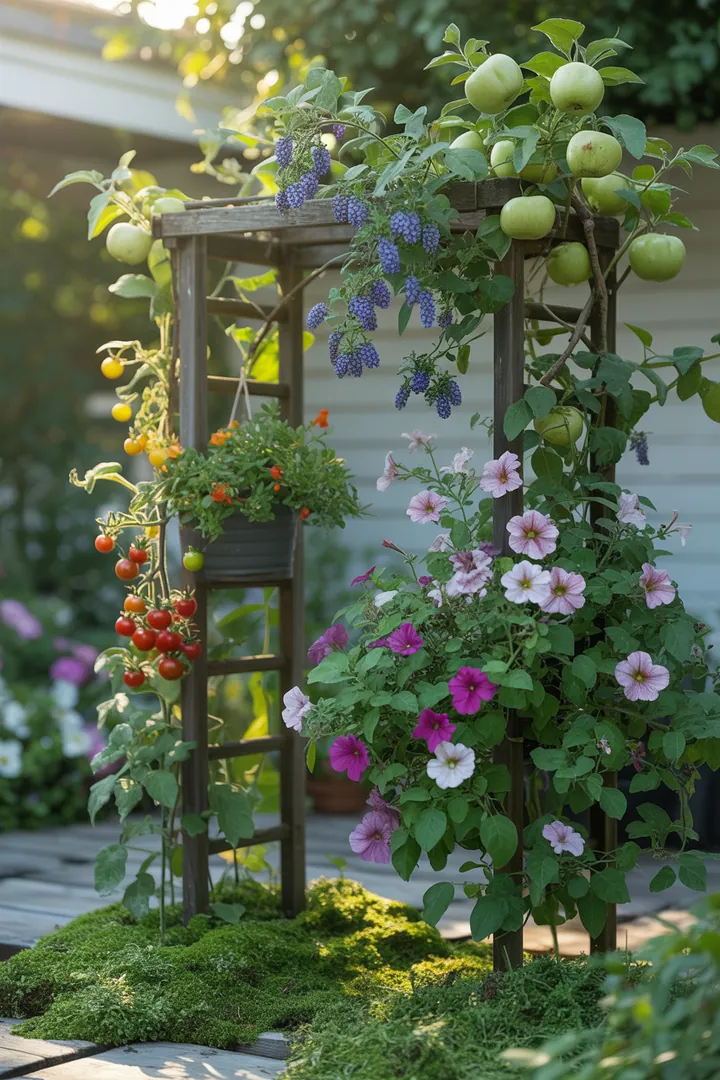 Bunte Pflanzenvielfalt in einem Ampeltopf: aromatische Gewächse, kompakte Obstsorten und blühende Schönheiten in einem Blumenkasten vereint.